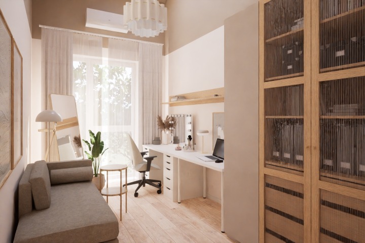 Jasne biuro w domu w Warszawie. Sofa, biurko z laptopem i toaletka z lustrem. Drewniana podłoga i regał z książkami. Duże okno z zasłonami.