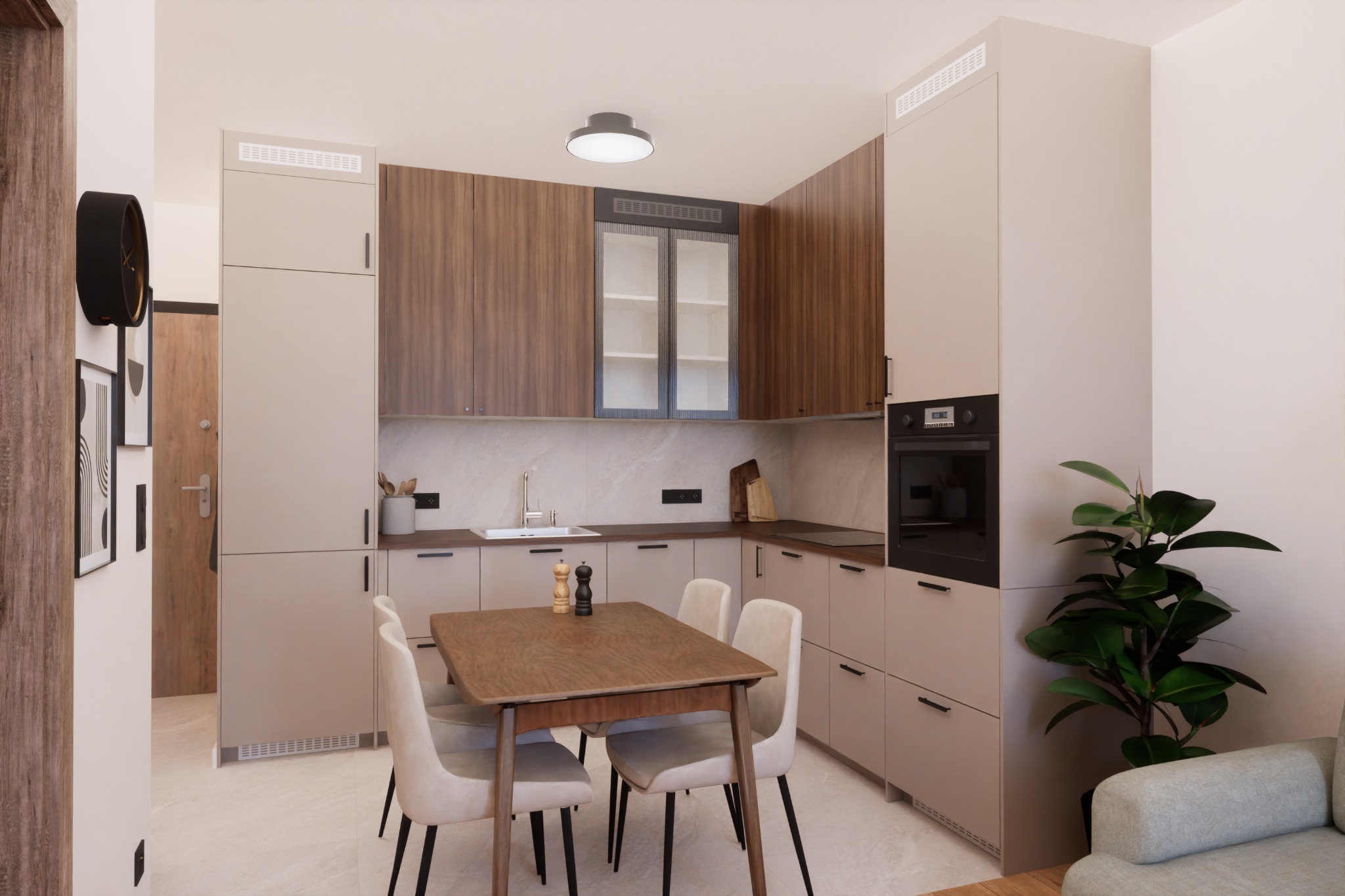 Nowoczesna kuchnia w beżach i brązach z drewnianym stołem i krzesłami. Minimalistyczny design, jasne wnętrze z rośliną doniczkową, eleganckie wykończenie.