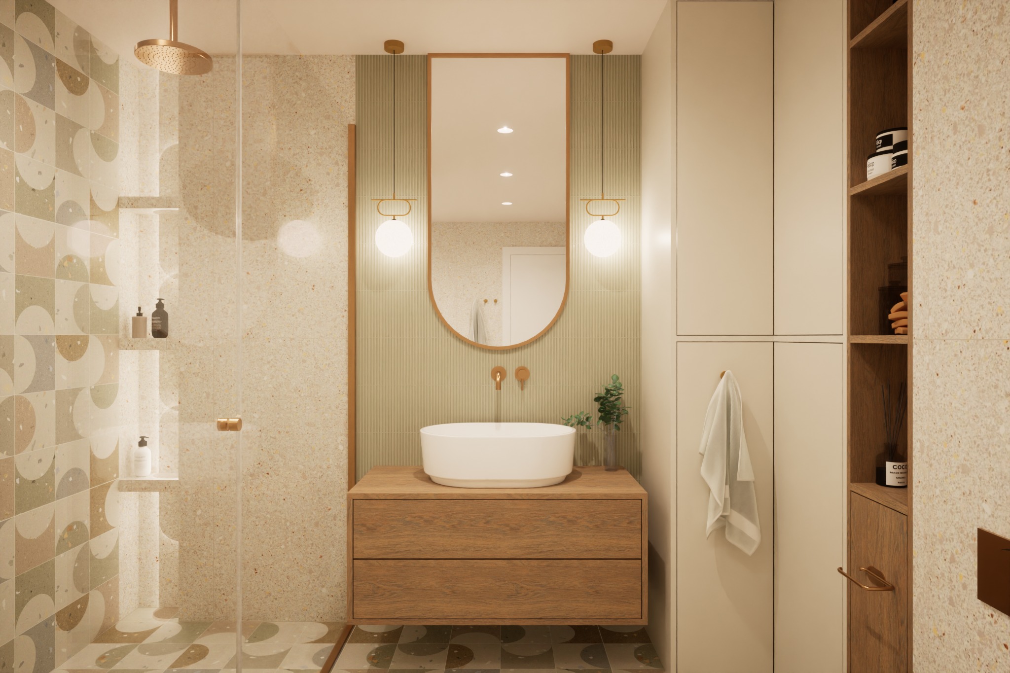 Nowoczesna łazienka z kabiną prysznicową, umywalką nablatową i lustrem z oświetleniem. Stonowana kolorystyka, terazzo i drewno. Minimalistyczny design.