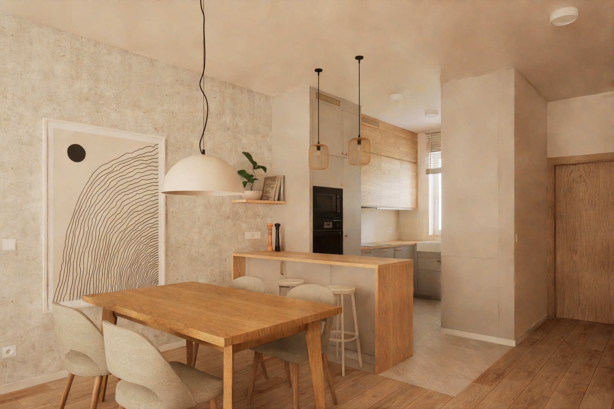 Jasna jadalnia z drewnianym stołem i krzesłami, minimalistyczna grafika na ścianie, otwarta kuchnia w tle. Nowoczesny design, neutralna kolorystyka.