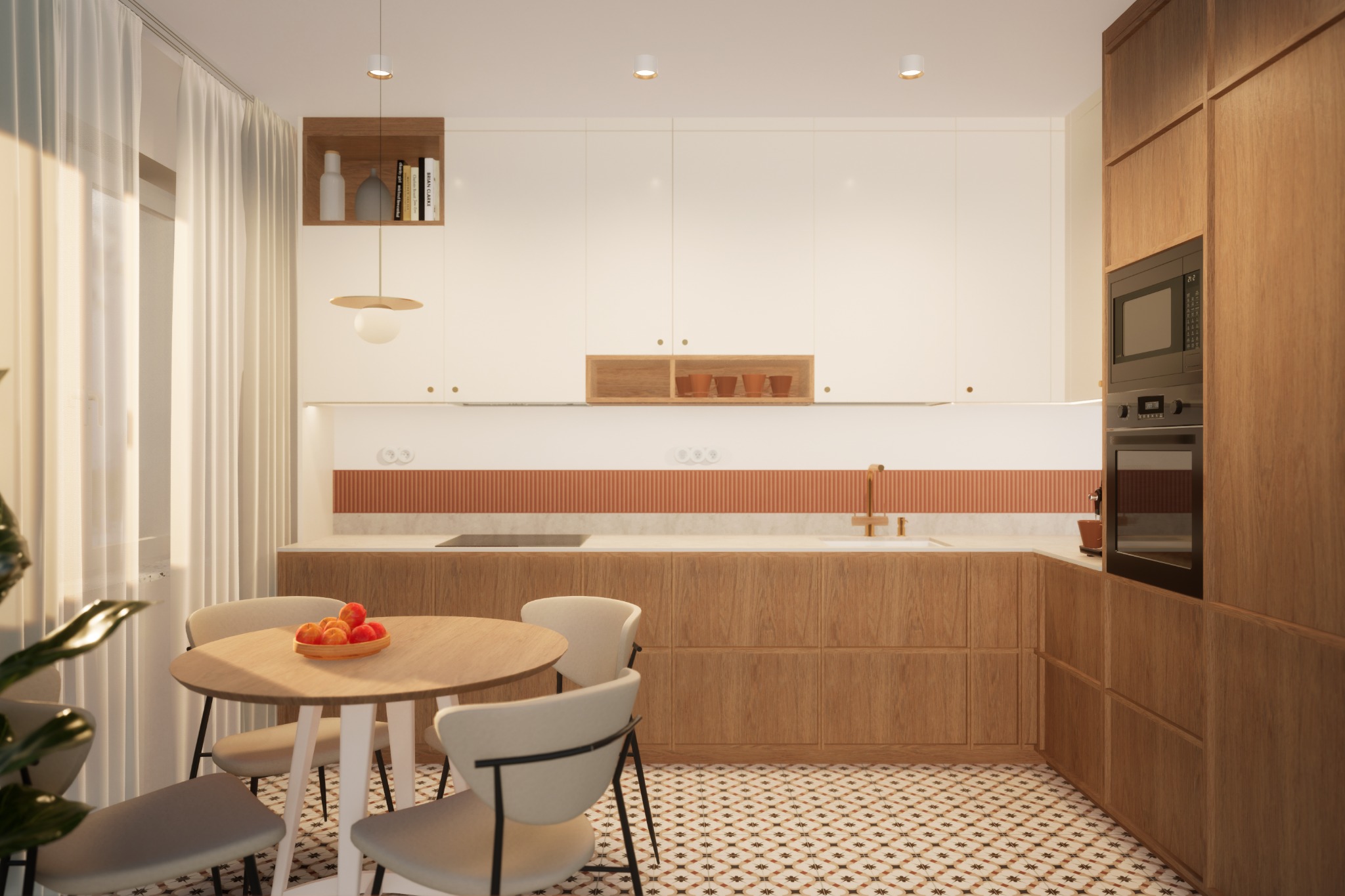 Jasna kuchnia z drewnianymi szafkami, okrągłym stołem i wzorzystą podłogą. Na stole misa z owocami. Minimalistyczny design z nutą ciepła i naturalności.
