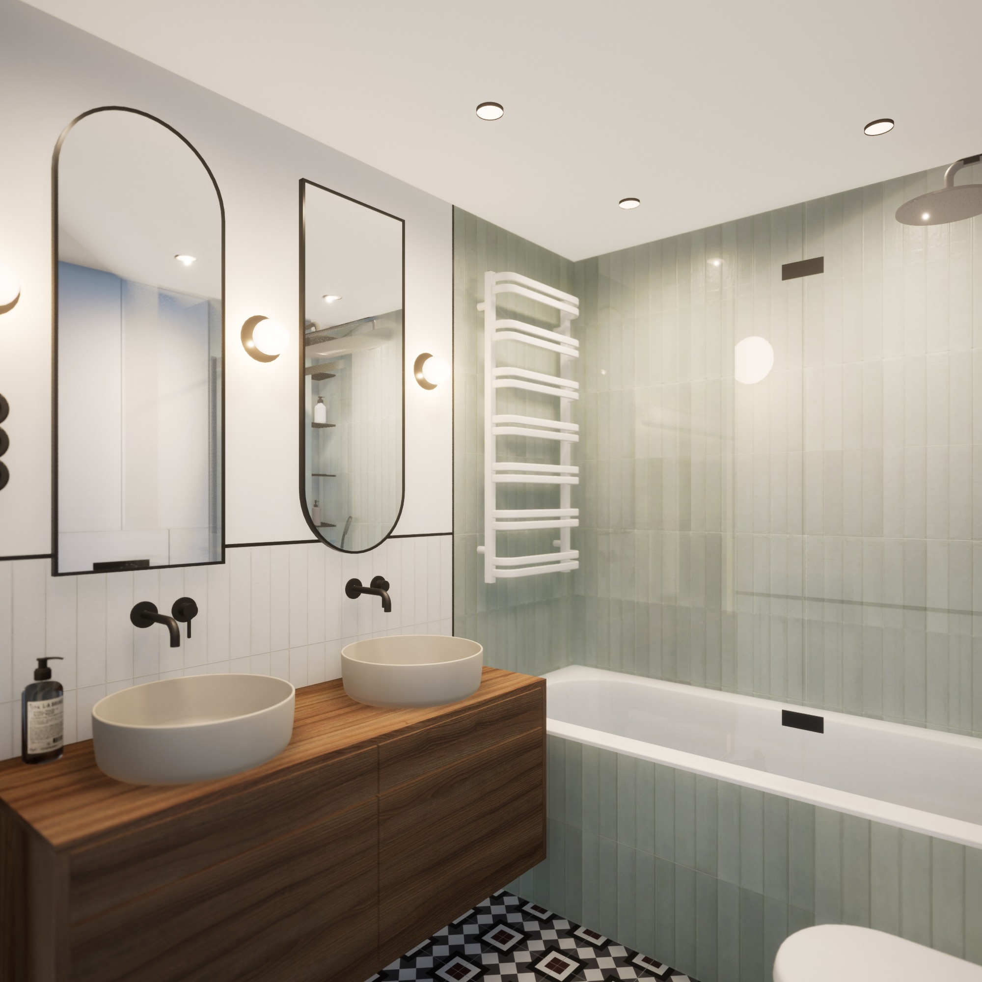 Nowoczesna łazienka z drewnianą szafką pod umywalki, owalnymi lustrami w czarnych ramach i płytkami w odcieniach bieli i zieleni. Minimalistyczny design i eleganckie wykończenie.