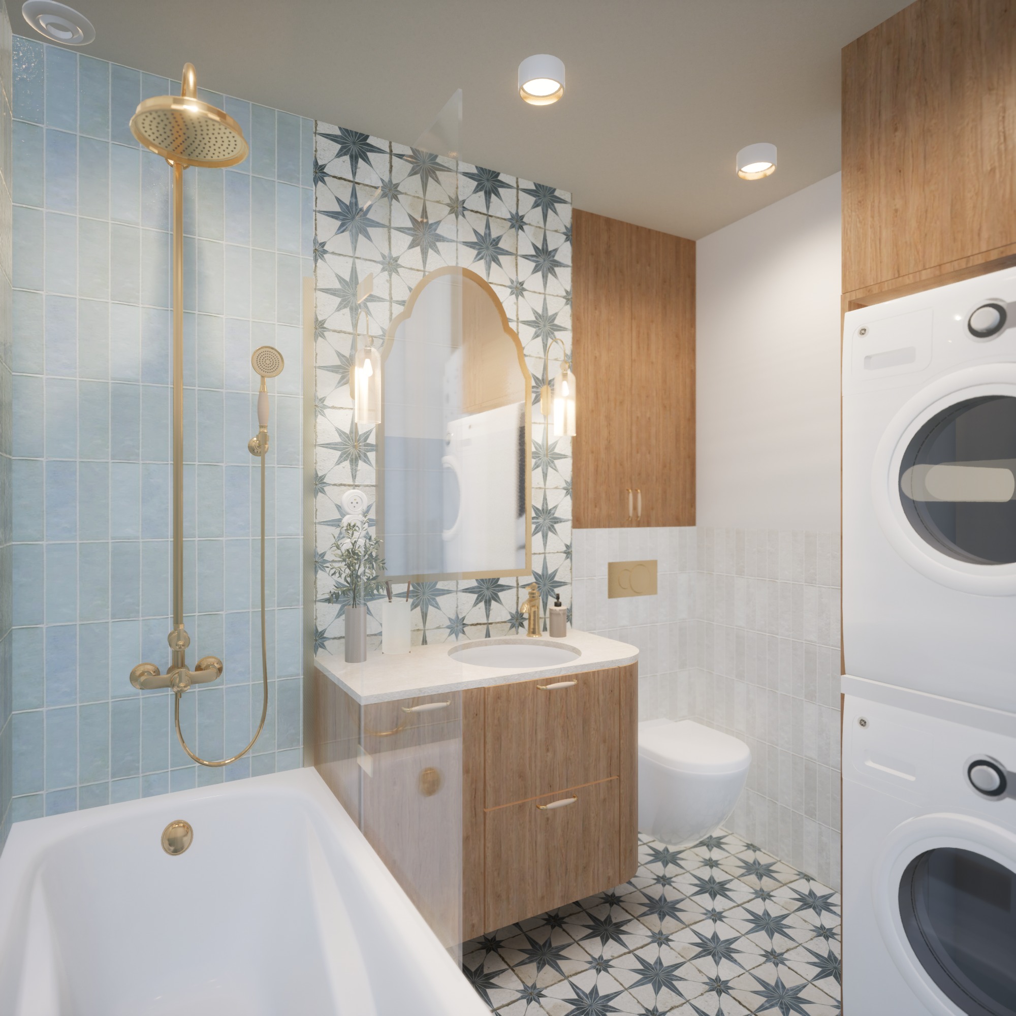 Jasna łazienka w stylu retro z armaturą w kolorze złota, wzorzystymi płytkami i drewnianą szafką pod umywalką. W tle pralka.