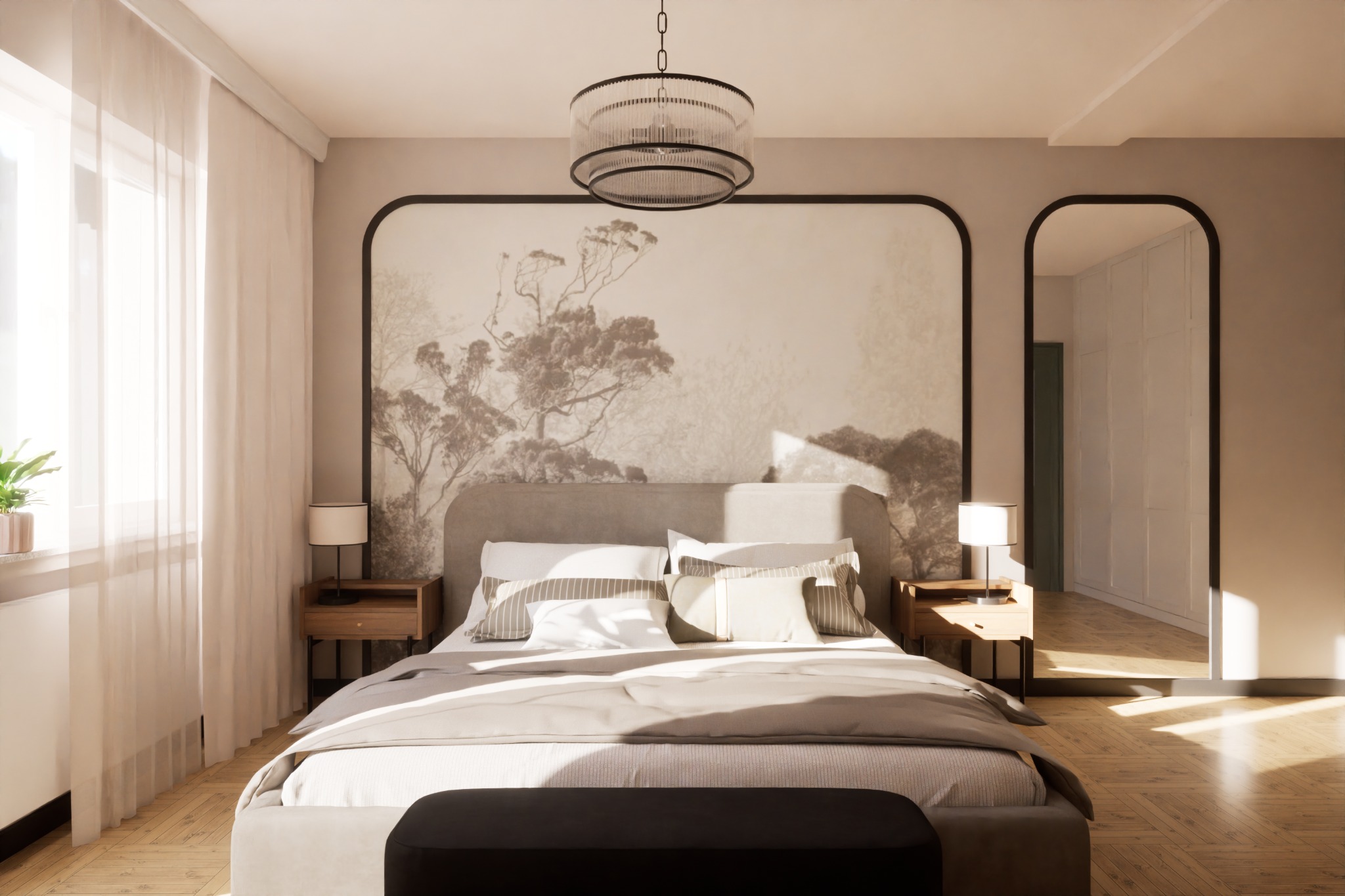 Jasna sypialnia z łóżkiem, stolikami nocnymi i lampkami. Nad łóżkiem dekoracyjny panel z motywem drzew. W tle widoczne lustro i szafa.