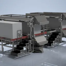 Wizualizacja 3D linii produkcyjnej z elementami konstrukcji stalowych, zaprojektowanej w Żorach. Widoczne moduły transportowe i elementy podnoszące.