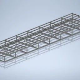 Wizualizacja 3D szkieletu konstrukcji stalowej hali w odcieniach szarości, rzucająca cień na jasne tło.