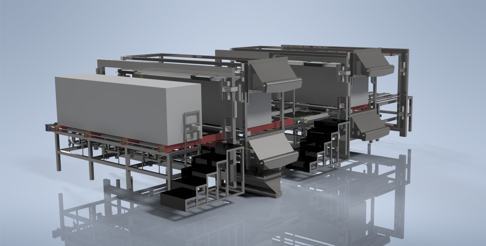 Wizualizacja 3D linii produkcyjnej z elementami konstrukcji stalowych, zaprojektowanej w Żorach. Widoczne moduły transportowe i elementy podnoszące.