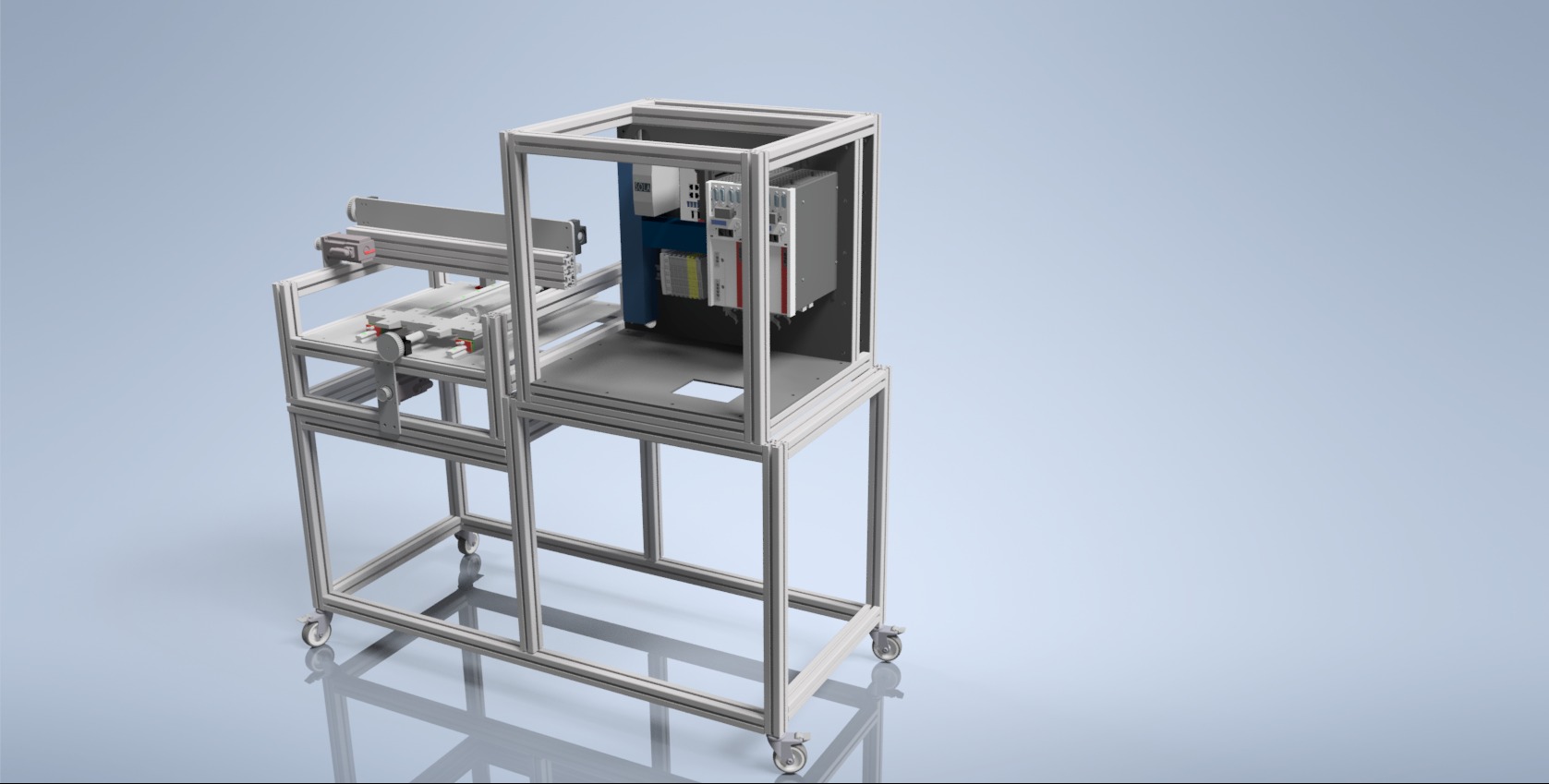 Prezentacja wizualna stanowiska testowego z modułami automatyki, zbudowanego z profili aluminiowych na kółkach, z widocznymi sterownikami PLC i elementami pneumatycznymi.