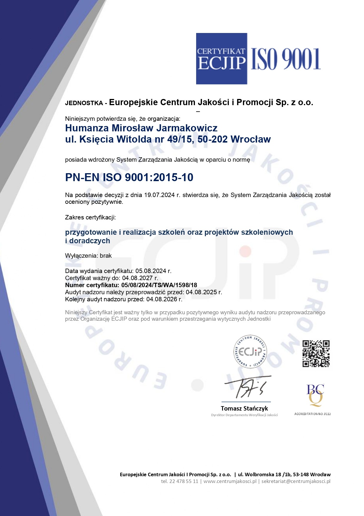 Certyfikat ISO 9001 dla Humanza Mirosław Jarmakowicz, potwierdzający wdrożony System Zarządzania Jakością. Dokument z datami ważności i zakresem certyfikacji.