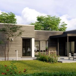 IFORM - DOBRZE ZBUDOWANY SPÓŁKA Z OGRANICZONĄ ODPOWIEDZIALNOŚCIĄ - Elegancki dom szkieletowy z ciemną elewacją, tarasem i zadbanym ogrodem. Widoczne detale architektoniczne i meble ogrodowe.