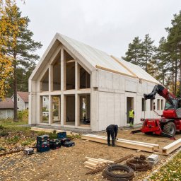 IFORM - DOBRZE ZBUDOWANY SPÓŁKA Z OGRANICZONĄ ODPOWIEDZIALNOŚCIĄ - Wznoszenie domu szkieletowego z prefabrykatów betonowych. Na pierwszym planie narzędzia i materiały budowlane, w tle pracownicy i maszyna budowlana.
