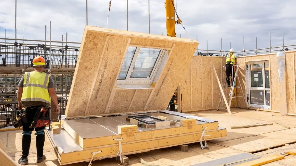Montaż modułowego domu szkieletowego z użyciem dźwigu. Widoczni pracownicy w odblaskowych kamizelkach, elementy konstrukcyjne z oknami dachowymi.