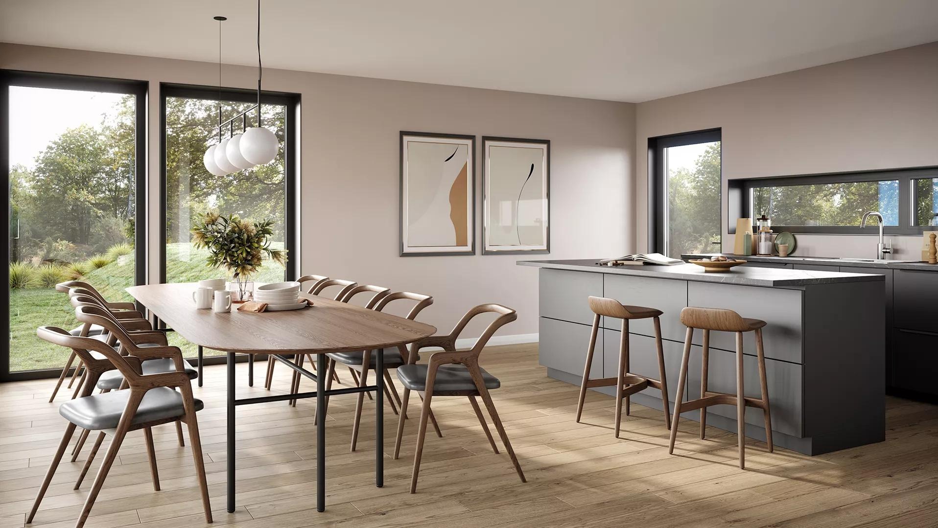 Nowoczesna jadalnia z drewnianym stołem, krzesłami i wyspą kuchenną w stonowanej kolorystyce. Duże okna z widokiem na zieleń. Minimalistyczne obrazy na ścianie.