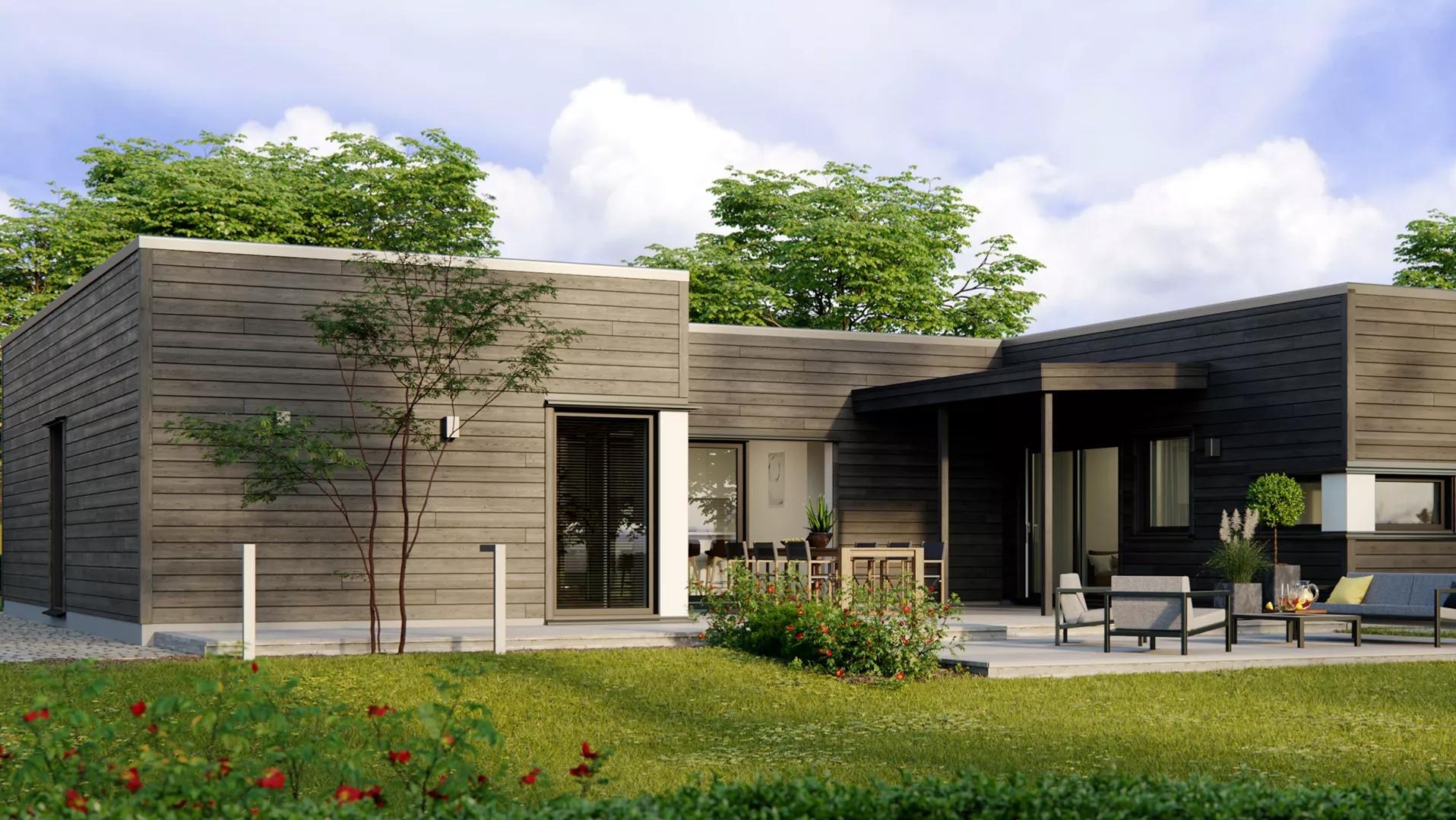 Elegancki dom szkieletowy z ciemną elewacją, tarasem i zadbanym ogrodem. Widoczne detale architektoniczne i meble ogrodowe.