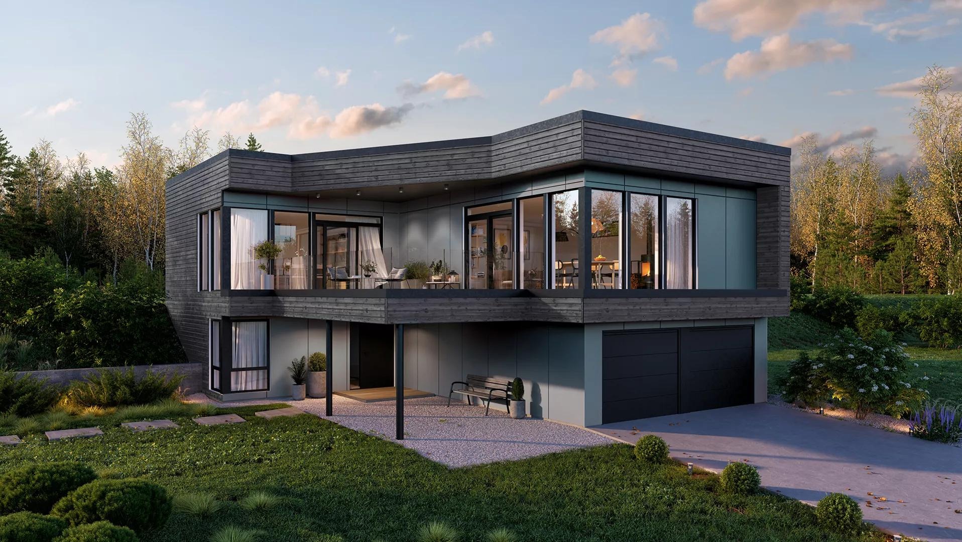 Nowoczesny dom szkieletowy z dużymi oknami i tarasem, otoczony zielenią. Elewacja w odcieniach szarości, widoczny podjazd i garaż. Minimalistyczny design.