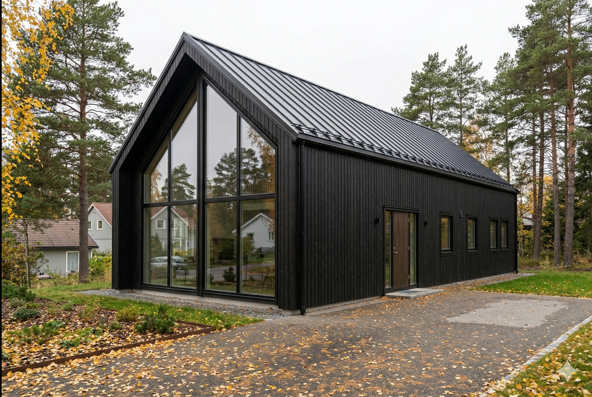 Nowoczesny, czarny dom szkieletowy z dużymi oknami i metalowym dachem, otoczony drzewami i opadłymi liśćmi. Minimalistyczny design i naturalne otoczenie.