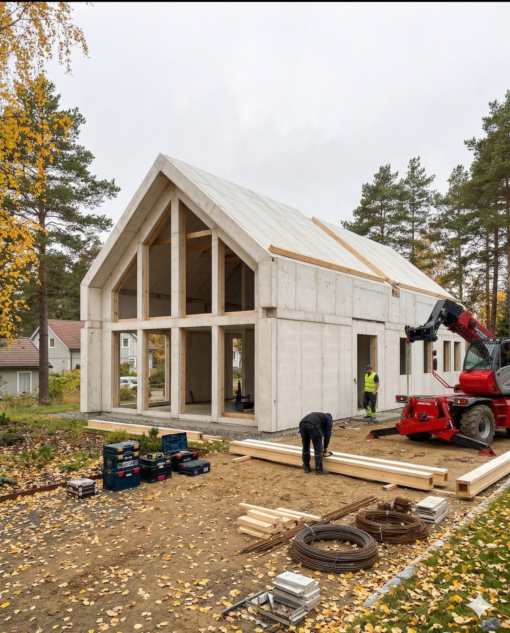 Wznoszenie domu szkieletowego z prefabrykatów betonowych. Na pierwszym planie narzędzia i materiały budowlane, w tle pracownicy i maszyna budowlana.