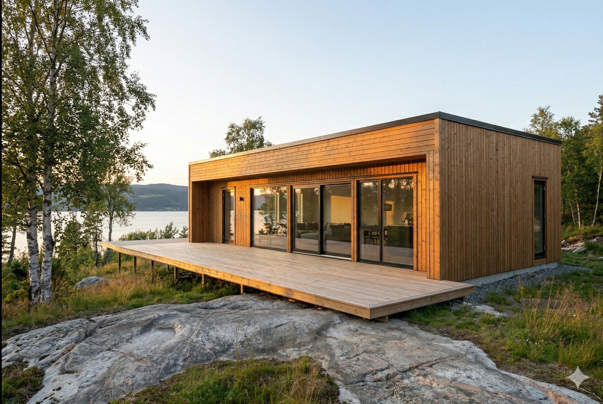 Nowoczesny, parterowy dom z drewna z tarasem na skalistym podłożu, z widokiem na jezioro i las. Minimalistyczna architektura, naturalne materiały, duże przeszklenia.