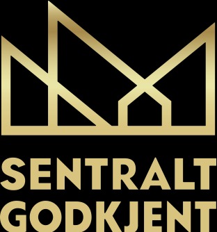 Złoty logotyp z geometrycznym symbolem przypominającym dom i koronę, nad napisem 'SENTRALT GODKJENT' na czarnym tle. Minimalistyczny design.