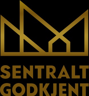 Złote logo z geometrycznym symbolem domu i napisem 'SENTRALT GODKJENT' na czarnym tle. Minimalistyczny design, elegancka typografia.