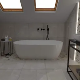 Wizualizacja łazienki na poddaszu z białą wolnostojącą wanną, umywalką na czarnym metalowym stelażu, bidetem, grzejnikiem drabinkowym i terazzo na ścianie akcentującej.