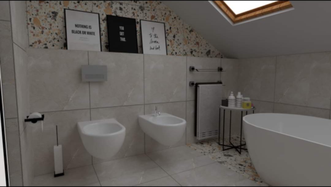 Nowoczesna łazienka na poddaszu z białą wolnostojącą wanną, wiszącą toaletą i bidetem, terazzo na ścianach i podłodze, oświetlona przez okno dachowe.