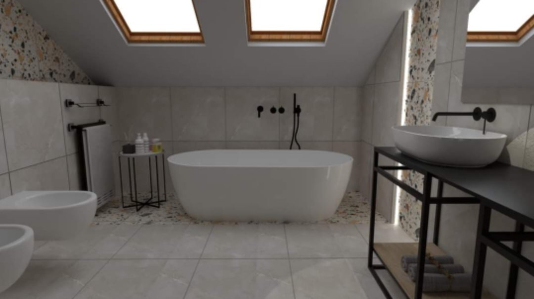 Wizualizacja łazienki na poddaszu z białą wolnostojącą wanną, umywalką na czarnym metalowym stelażu, bidetem, grzejnikiem drabinkowym i terazzo na ścianie akcentującej.