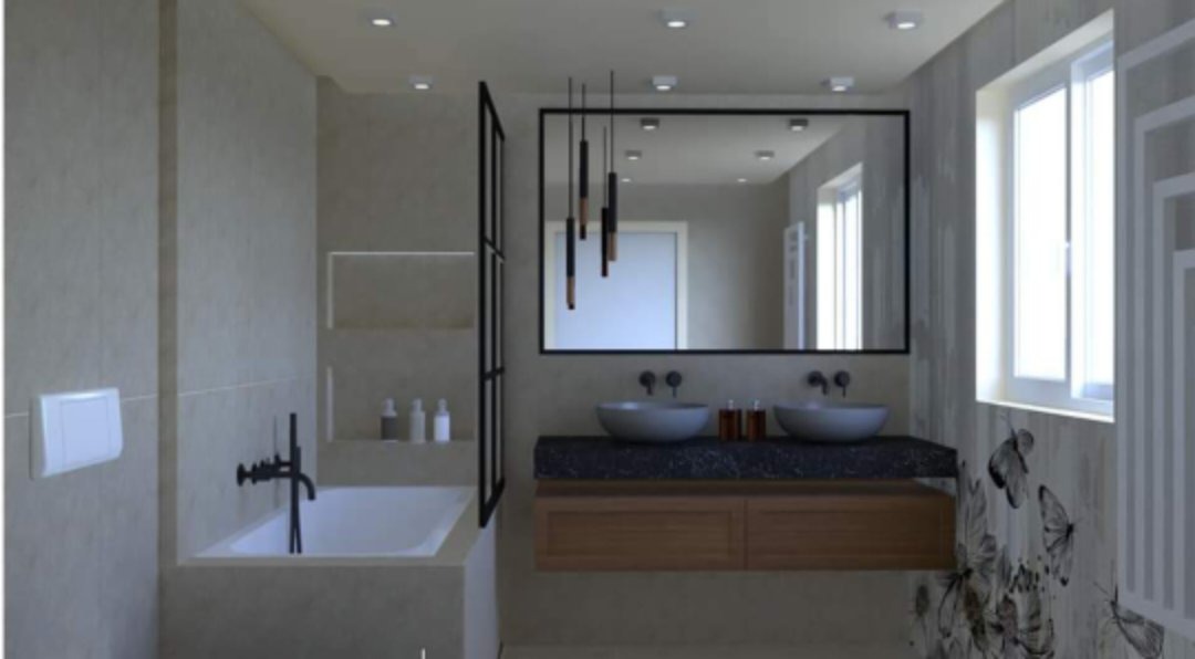 Wizualizacja łazienki w neutralnych barwach z podwójną umywalką, czarną armaturą i ścianą z motywem motyli, oświetloną wiszącymi lampami.