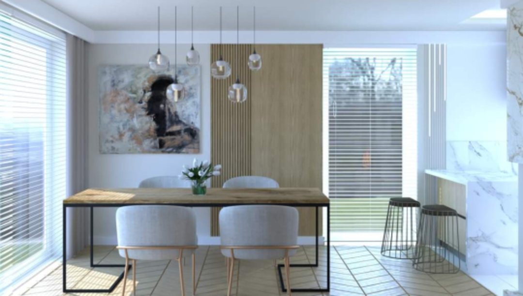 Wizualizacja jadalni z drewnianym stołem na czarnych nogach, szarymi krzesłami z miedzianymi akcentami, wiszącymi lampami kulami i abstrakcyjnym obrazem na ścianie.