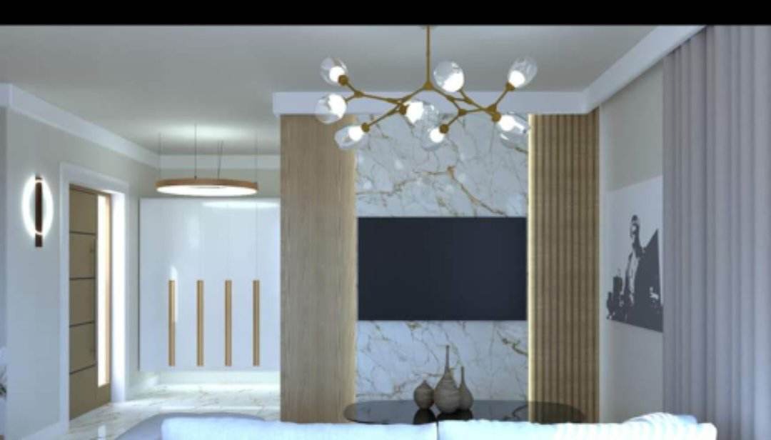 Wizualizacja salonu z marmurową ścianą, telewizorem, lampą wiszącą w stylu atomowym i dekoracyjnymi wazonami na szklanym stoliku kawowym.