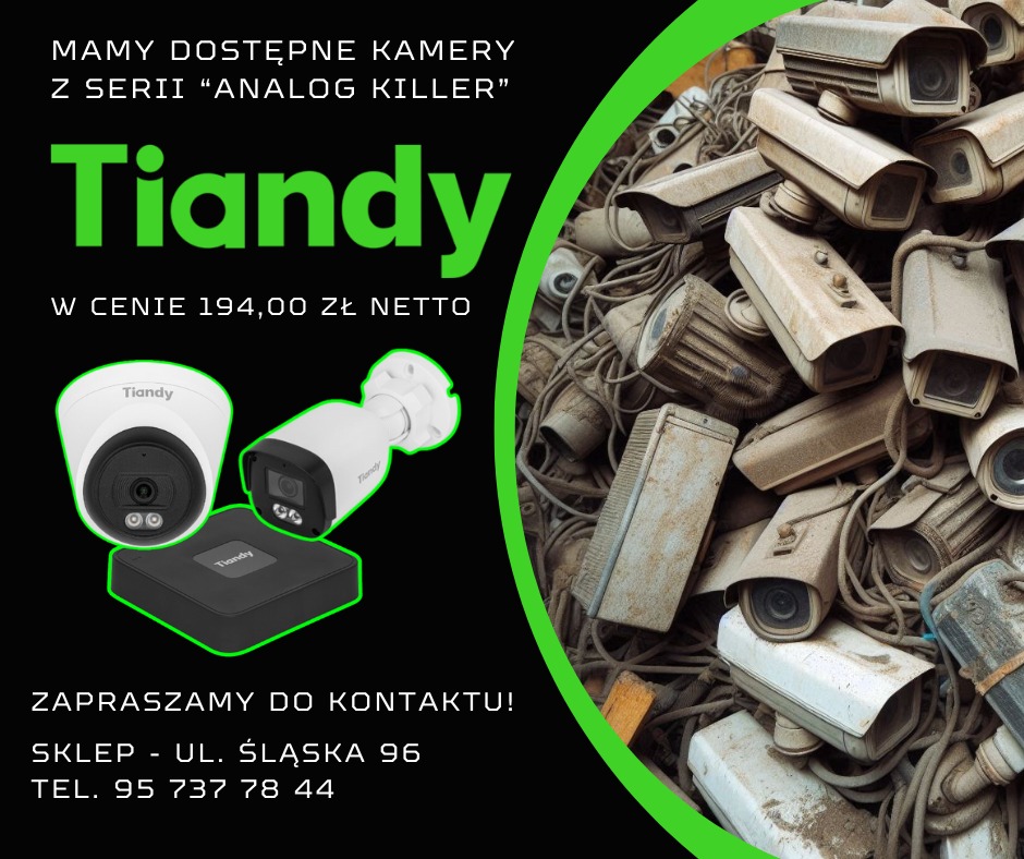 Promocja kamer Tiandy z serii Analog Killer, obok nowych kamer pokazany stos używanych, zabrudzonych kamer CCTV.