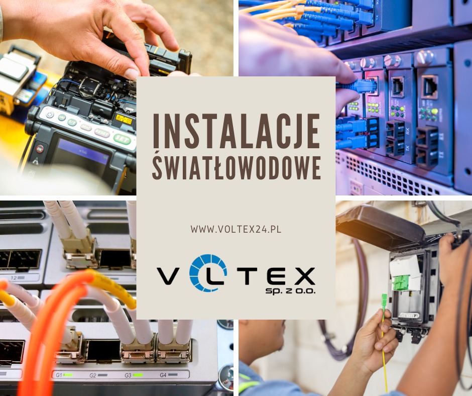 Montaż światłowodów: kadry z różnych etapów instalacji, w tym spawanie światłowodu, podłączanie kabli do serwera i instalacja w skrzynce przyłączeniowej, uzupełnione o logo firmy Voltex.