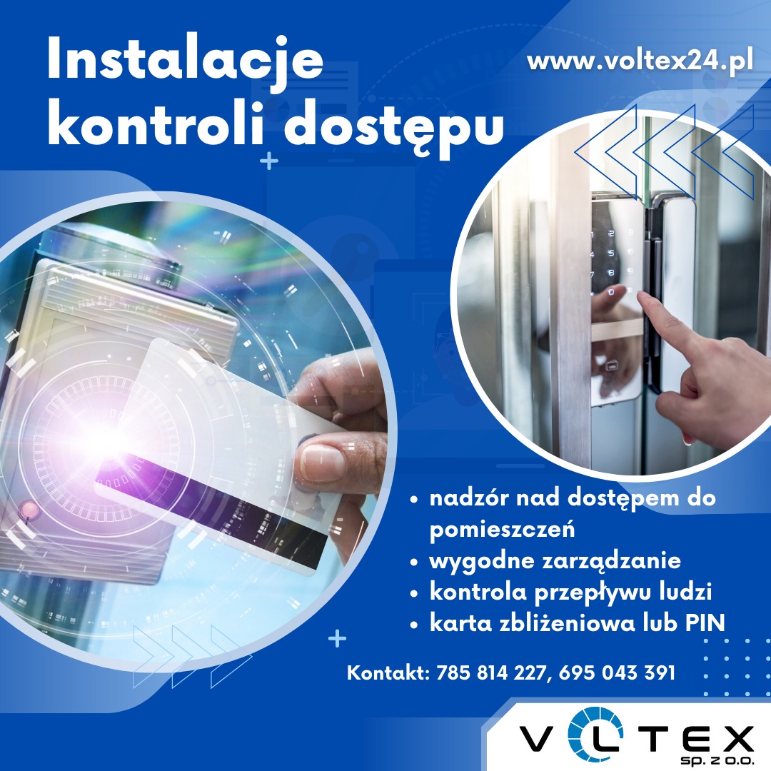 Grafika reklamowa: instalacja kontroli dostępu z użyciem karty zbliżeniowej i panelu dotykowego z kodem PIN.