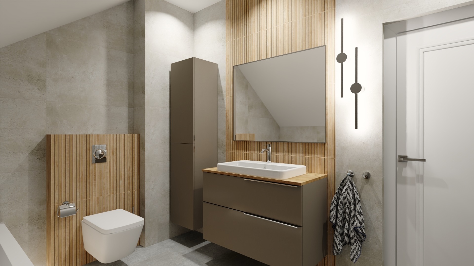 Nowoczesna łazienka z umywalką nablatową, wiszącą toaletą i drewnianymi panelami ściennymi. Minimalistyczne oświetlenie i szara kolorystyka tworzą elegancki wystrój.
