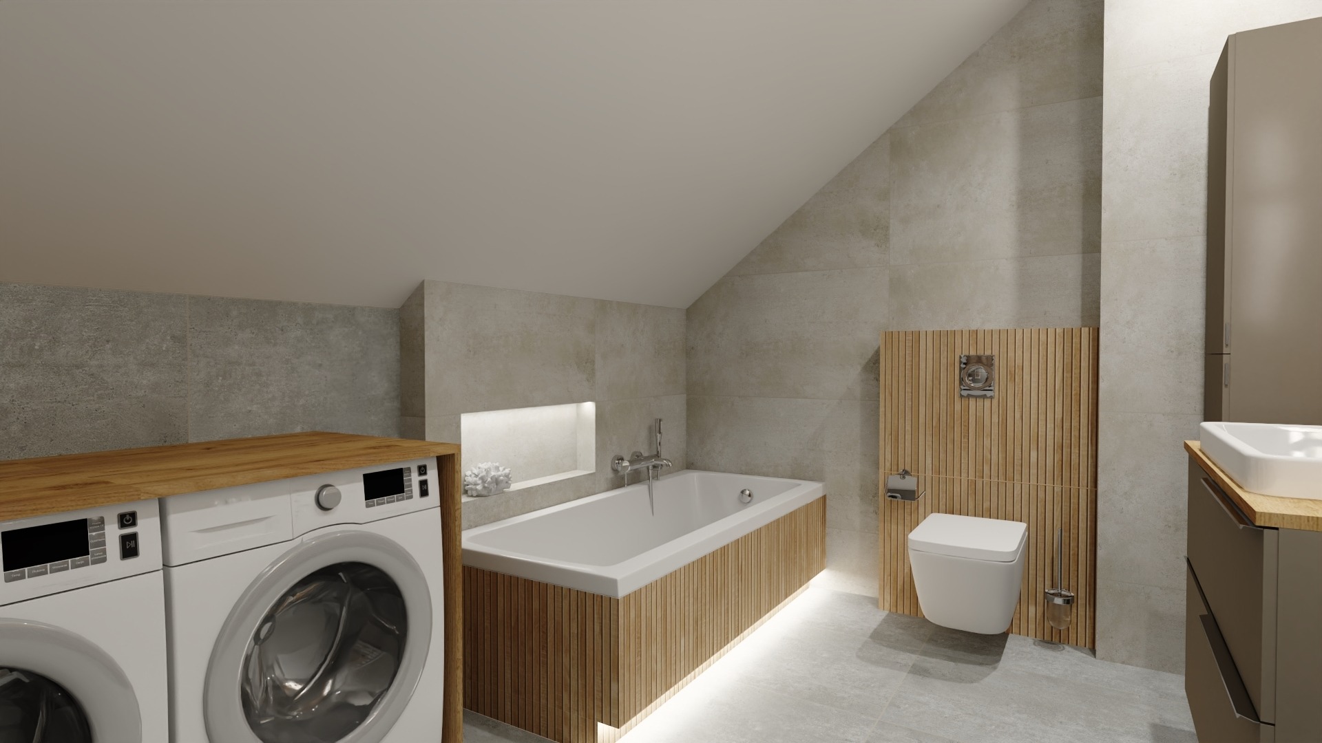 Nowoczesna łazienka na poddaszu z pralką z drewnianym blatem, wanną obudowaną drewnianymi lamelami z podświetleniem LED, toaletą wiszącą na drewnianym panelu i umywalką z szafką w odcieniach szarości.