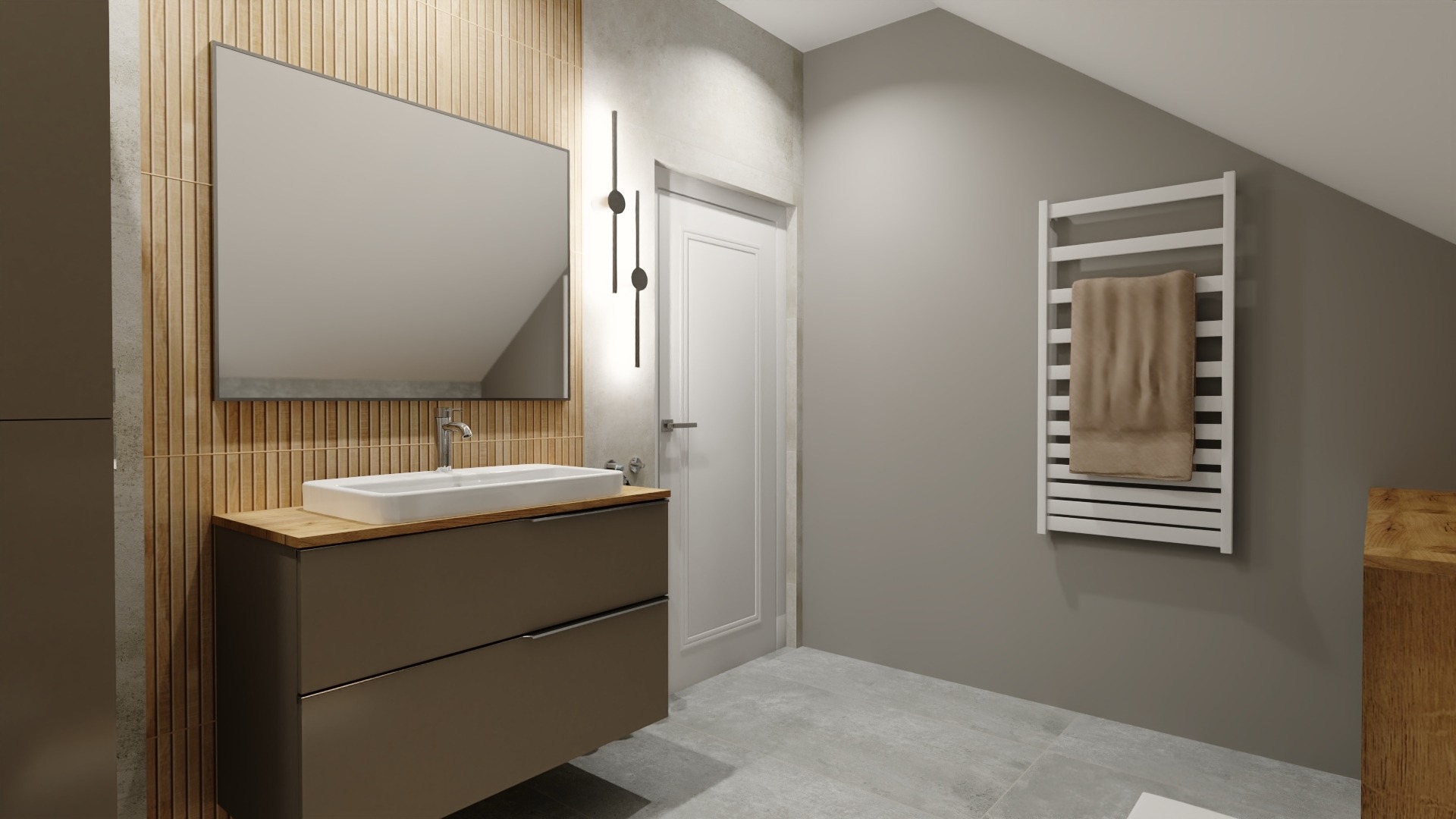 Nowoczesna łazienka z umywalką nablatową na szafce w kolorze taupe, drewnianą ścianą z pionowymi panelami, podświetlanym lustrem, grzejnikiem drabinkowym z beżowym ręcznikiem i szarą podłogą z płytek.