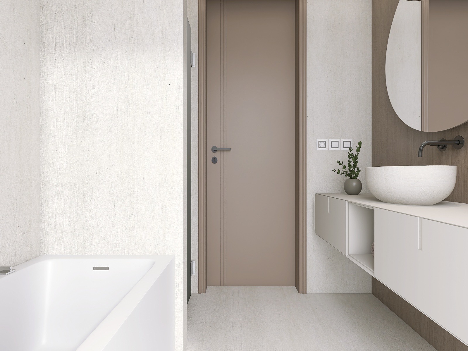 Nowoczesna łazienka z beżowymi drzwiami, okrągłym lustrem i umywalką na blacie, minimalistyczne wykończenie.