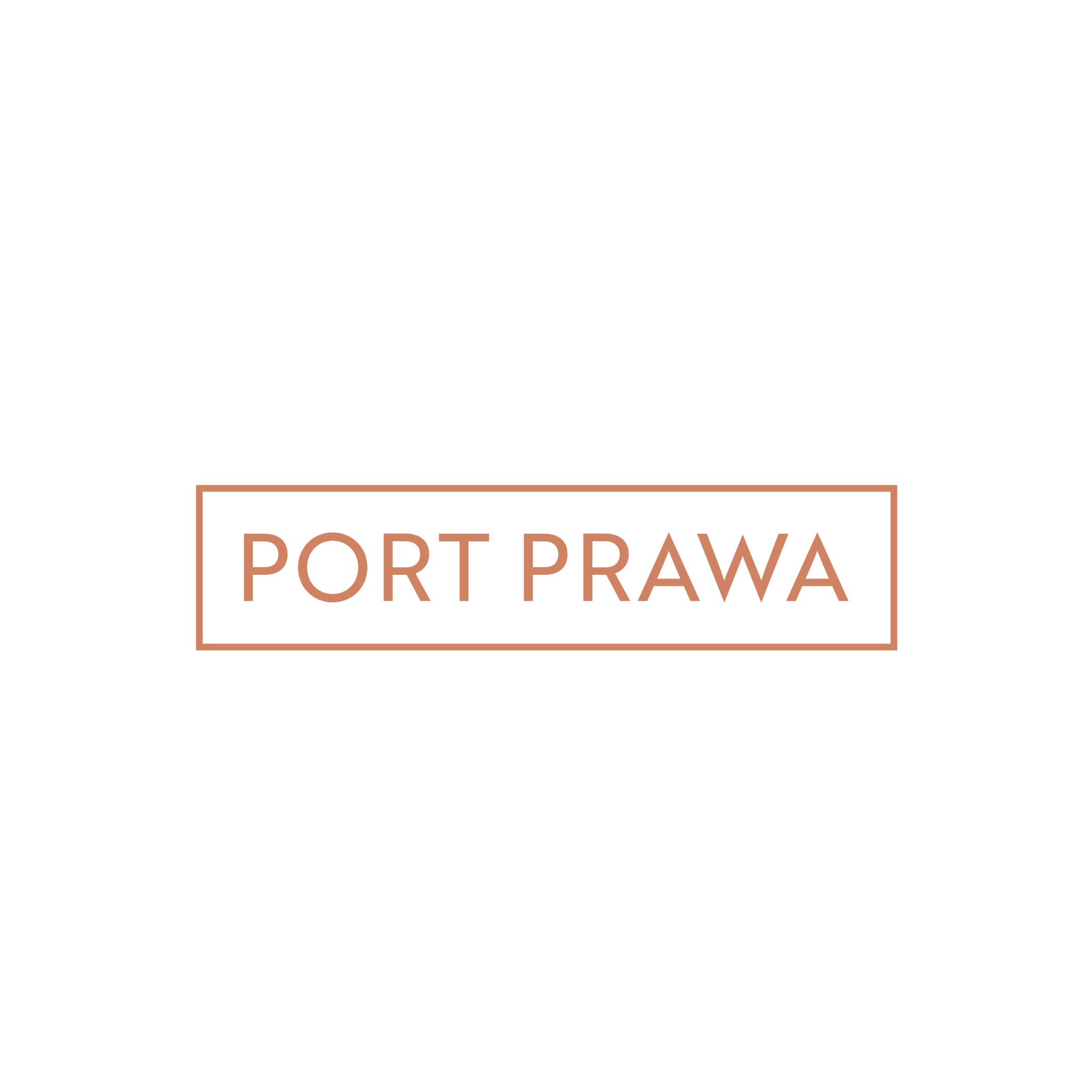 Minimalistyczny logotyp 'PORT PRAWA' w prostokątnej ramce, w odcieniach beżu, na białym tle.