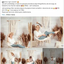 Kolaż zdjęć z sesji w stylu boho: kobieta w kapeluszu siedząca w wiklinowym fotelu wiszącym, otoczona trawami pampasowymi i makramami. Na jednym ze zdjęć para w podobnej aranżacji.