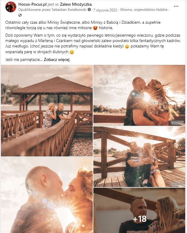 Kolaż zdjęć zakochanej pary nad wodą: na pierwszym planie pocałunek w promieniach słońca, w tle drewniany pomost i altana.