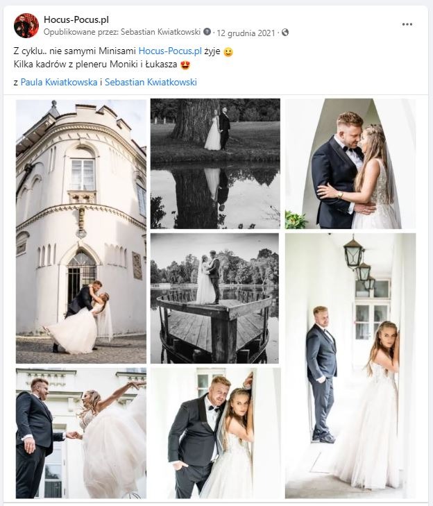 Kolaż z czarno-białych i kolorowych zdjęć ślubnych pary młodej w różnych pozach i lokalizacjach: przed budynkiem, nad jeziorem i w korytarzu.