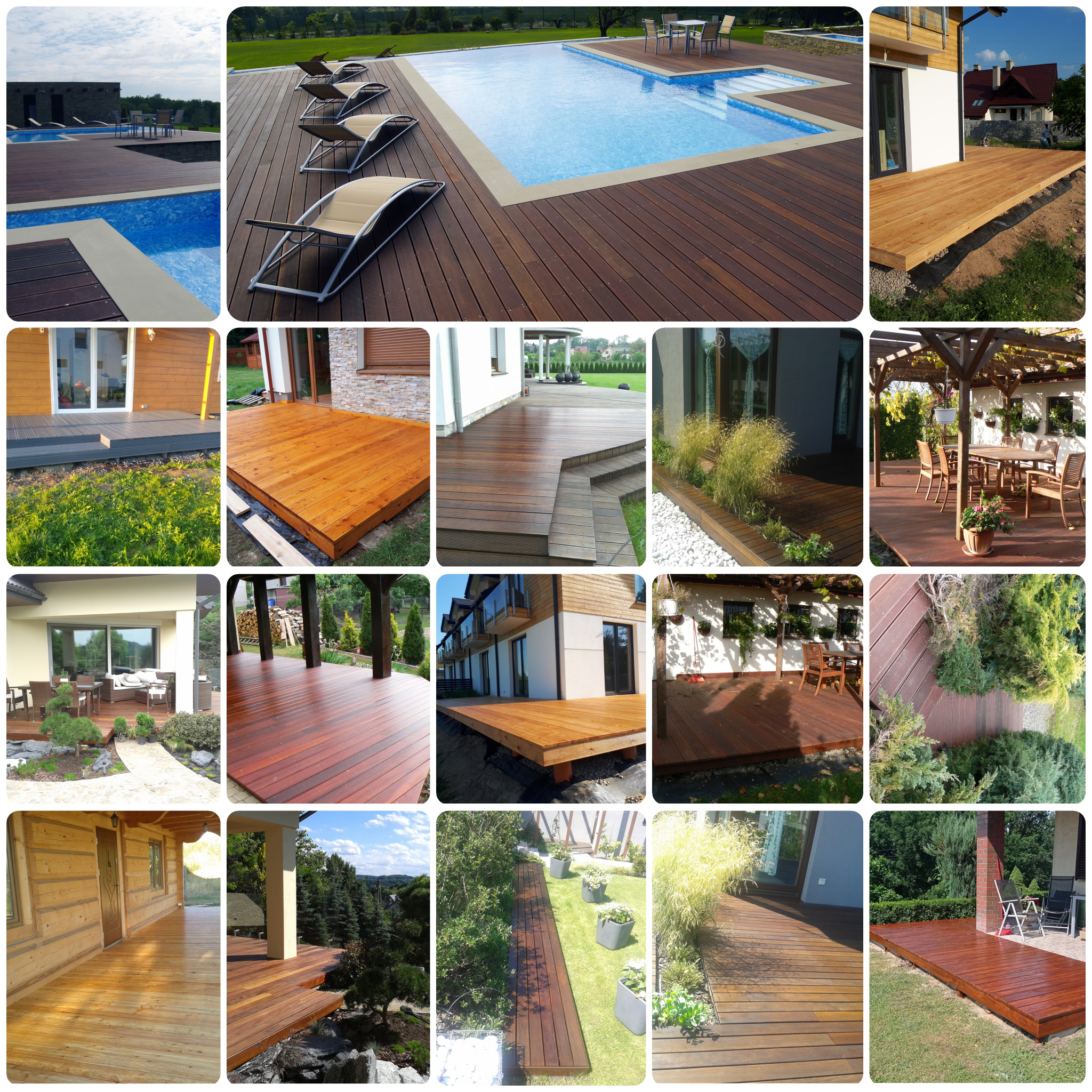 Zestawienie różnorodnych ujęć drewnianych tarasów, od tych przy basenach z leżakami, po te przydomowe z meblami ogrodowymi i roślinnością, ukazujące różne style i aranżacje.