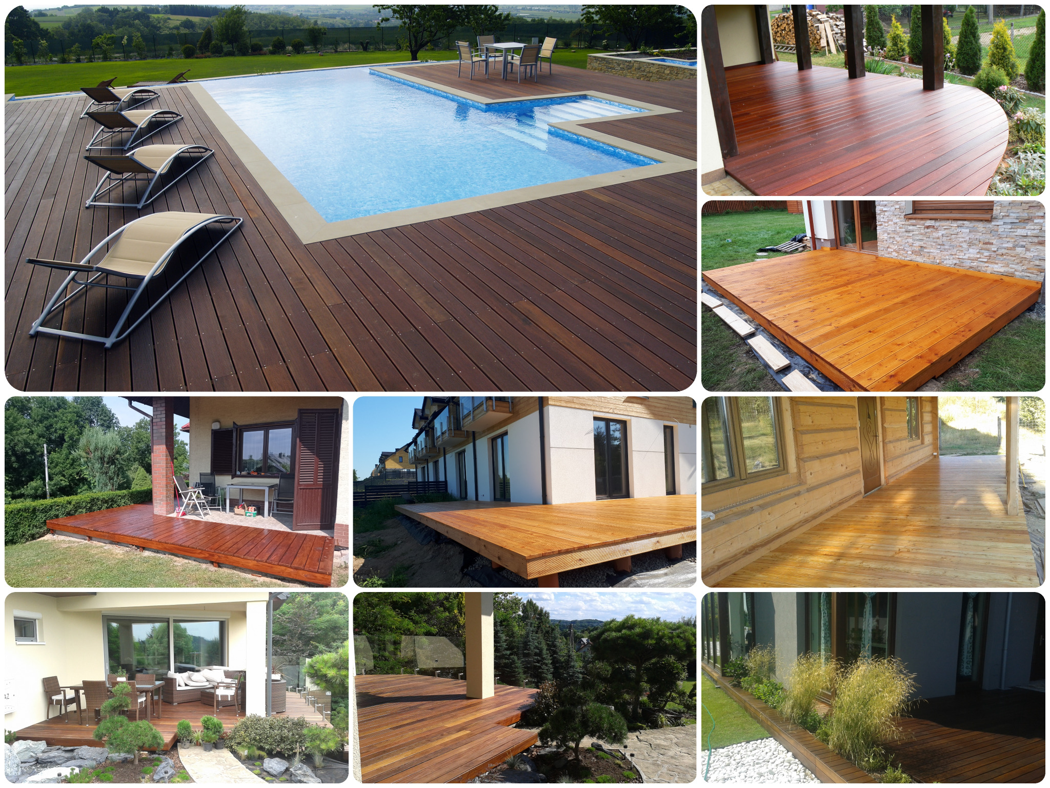 Kompozycja zdjęć przedstawiająca różne aranżacje przestrzeni zewnętrznych z wykorzystaniem drewnianych tarasów, w tym taras z leżakami przy basenie, taras z meblami ogrodowymi i taras przy domu...