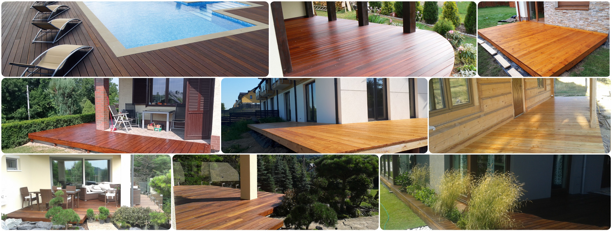 Kolaż zdjęć prezentujący różnorodne realizacje tarasów drewnianych w Krakowie: taras przy basenie z leżakami, taras z zadaszeniem, taras przy domu z meblami ogrodowymi i taras z widokiem na ogród.