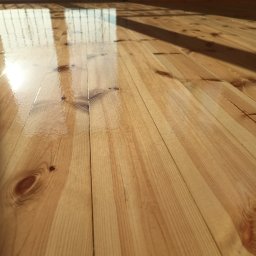 Parkiety Podłogi Układanie Cyklinowanie Renowacja Paweł Zdancewicz - Świeżo polakierowana, błyszcząca podłoga z jasnego drewna, widoczne refleksy światła słonecznego wpadającego przez okno.