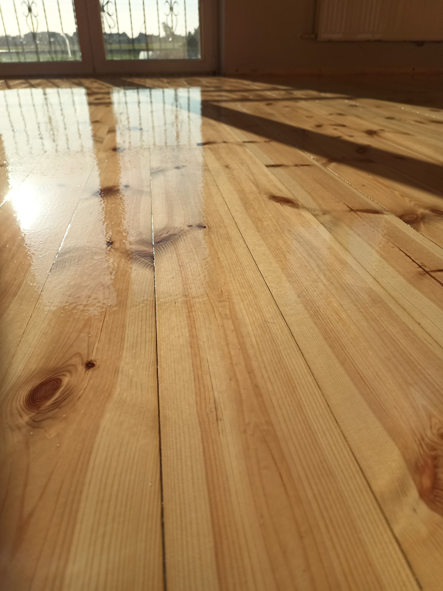 Świeżo polakierowana, błyszcząca podłoga z jasnego drewna, widoczne refleksy światła słonecznego wpadającego przez okno.