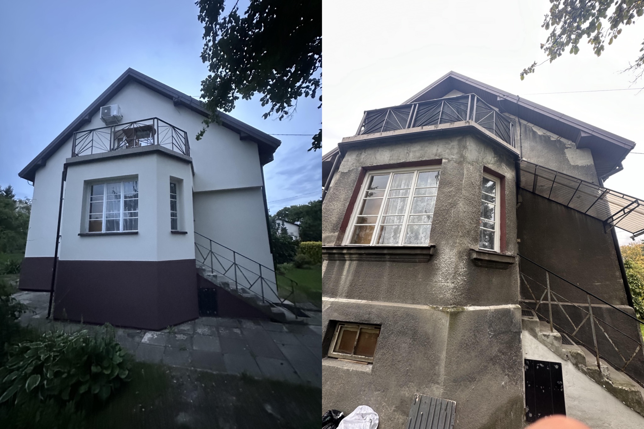 Dom przed i po renowacji elewacji. Po lewej stronie odnowiona, biała fasada z brązowym cokołem, po prawej szara, zniszczona elewacja. Widoczne okna i balkon.