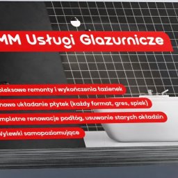 Dariusz Zambrzycki DMM Usługi Glazurnicze - Stos wizytówek firmy DMM Usługi Glazurnicze, oferującej kompleksowe remonty, układanie płytek, renowacje podłóg i wylewki samopoziomujące. W tle wizytówki widoczna łazienka z wanną.