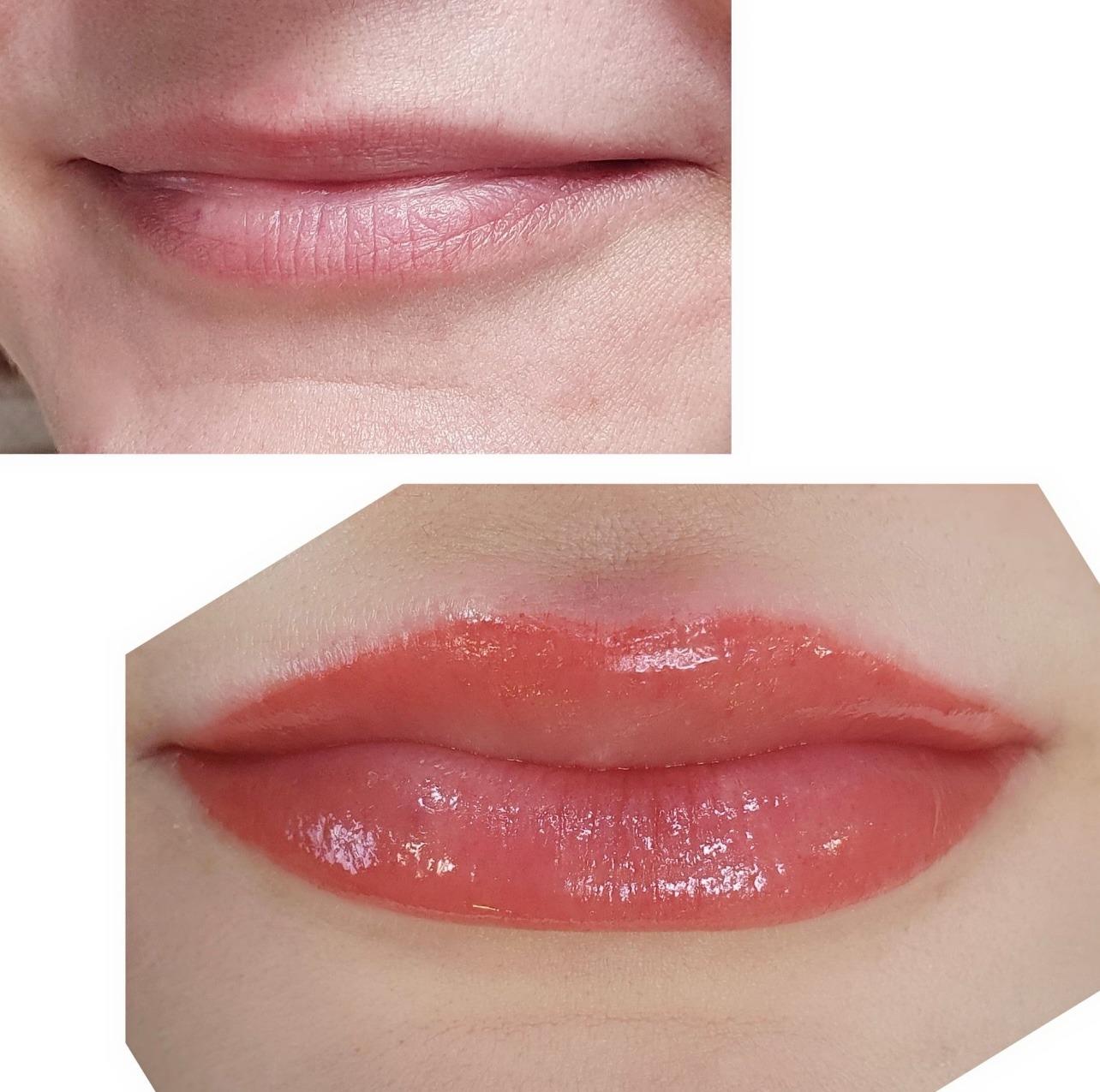 Zbliżenie ust przed i po zabiegu makijażu permanentnego, widoczne różnice w kolorze i nawilżeniu.