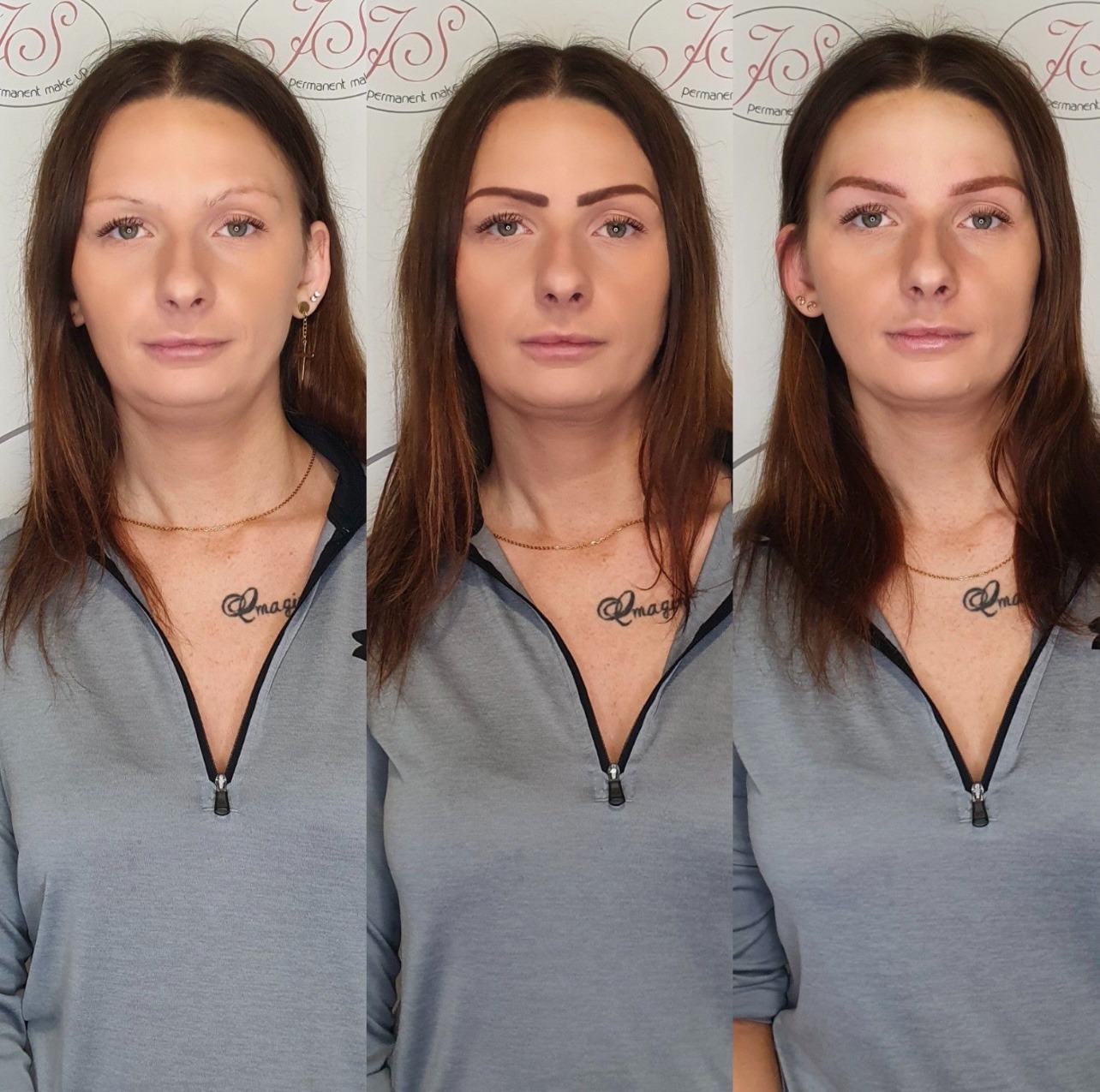 Kolaż przedstawiający metamorfozę brwi: przed, w trakcie i po zabiegu pigmentacji permanentnej, widoczne różnice w kształcie i kolorze brwi, na tle jasnego tła z logo salonu.